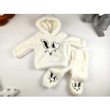 Tavşan Nakış Detaylı Kapüşonlu Peluş Welsoft Kız Çocuk Alt-Üst Eşofman Takımı (Tek Takım)