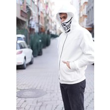 Samuray Kapşonlu Zıp Fermuarlı Çift Kapşonlu Nakışlı Sweatshirt- Beyaz