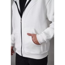 Samuray Kapşonlu Zıp Fermuarlı Çift Kapşonlu Nakışlı Sweatshirt- Beyaz