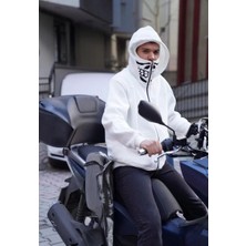 Samuray Kapşonlu Zıp Fermuarlı Çift Kapşonlu Nakışlı Sweatshirt- Beyaz