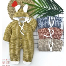 6-9-12-18 Ay Düğme Kapamalı Kulaklı Kapşonlu Triko Kumaş Kız Erkek Bebek Tulumu