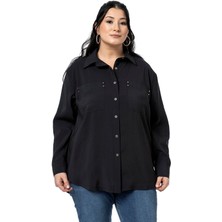 Disentis Modest Büyük Beden Torba Cepli Rivetli Siyah Gömlek