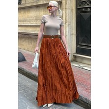 Kiremit Beli Lastikli Buruşuk Mikro Uzun Kadın Etek MG2155