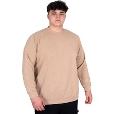 Mode Xl Büyük Beden Erkek Bisiklet Yaka Sweatshirt Asit Yıkama Interlok U24175 Bej