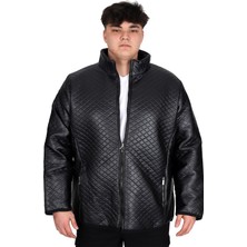 Mode Xl Büyük Beden Erkek Dik Yaka Kapitone Mont U24614 Siyah Deri