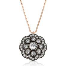 HS Demirci 925 Ayar Gümüş Çiçek Desenli Elmas Montür Kadın Gümüş Kolye