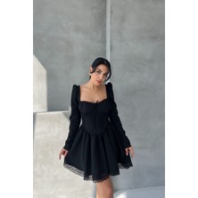 Siyah Dream Korse Detaylı Uzun Kollu Elbise