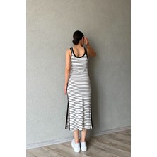 Beyaz Siyah Çizgili L Muadili Kadın Straight Fit Siyah Elbise