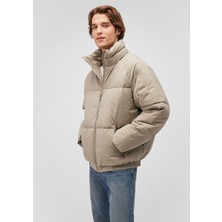 Mavi Dik Yaka Bej Şişme Mont 0110399-87213