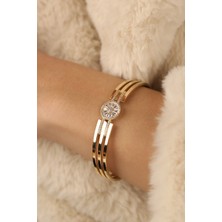 ÇGK KUYUMCULUK Yuvarlak Baget Taşlı Kaburga Kelepçe Altın Bilezik CGKKLP0106