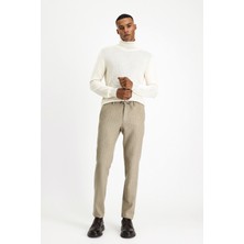 Slim Fit Dar Kesim Yünlü Beli Lastikli Ipli Çizgili Klasik Kumaş Pantolon