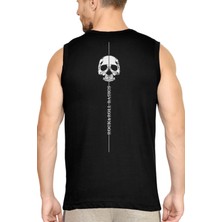 Rock&Roll Çizgide Kurukafa Siyah Kesik Kol / Kolsuz Arka Baskılı Erkek T-Shirt