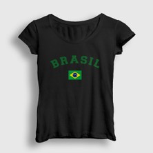 Presmono Kadın Siyah Brasil Brazil Brezilya Bayrağı T-Shirt
