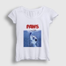 Presmono Kadın Beyaz Paws Jaws Film Komik Kedi Kedili T-Shirt