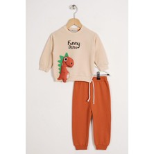 Zepkids Dinazor Figürlü Yazı Baskılı Kiremit Renk Erkek Çocuk Ikili Takım