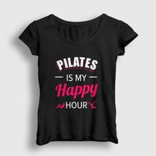 Presmono Kadın Siyah My Happy Hour Hediye Pilates T-Shirt