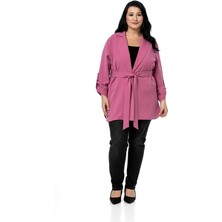 Disentis Modest Büyük Beden Katlamalı Kollu Kuşaklı Astarsız Uzun Siyah Ceket