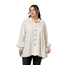 Disentis Modest Büyük Beden Kol Ağzı Lastikli Geniş Kesim Reglan Kol Ekru Gömlek