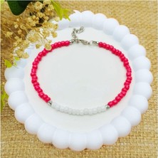 Gümüş Renk Dorika Aparat - Pembe & Beyaz Renk Kum Boncuk Kadın Halhal