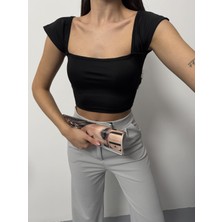Msm Fashion Kadın Crop Tişört Kısa Kollu Kare Yaka Basic Tişört