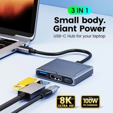  Hufy, 100W Güç Adaptörü 3in1 Usb-C Multi Hub Çoklayıcı 3 Port 8k 60hz.