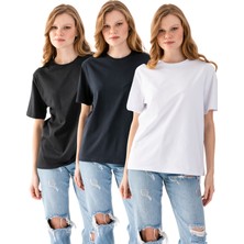 3lü Tişört, Unisex T-Shirt, Kısa Kollu Oversize T-Shirt, Pamuklu Siyah Bisiklet Yaka Oversize Tişör, Kadın Tişört, Erkek Tişört