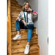 Kadın Kadife Kumaş Uzun Kollu Kapüşon Detay Çiçek Baskılı Sweat ve Pantolon Ikili Takım