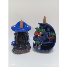 Tedi Sanat Mini Ay Mini Mavi Mantar Geri Akış Şelale Tütsülük Buhurdanlık 10 Adet Tütsü Hediyeli