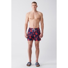 AVVA Lacivert-kırmızı Hızlı Kuruyan Baskılı Standart Boy Comfort Fit Mayo Deniz Şortu E003802