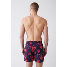 AVVA Lacivert-kırmızı Hızlı Kuruyan Baskılı Standart Boy Comfort Fit Mayo Deniz Şortu E003802