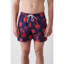 AVVA Lacivert-kırmızı Hızlı Kuruyan Baskılı Standart Boy Comfort Fit Mayo Deniz Şortu E003802