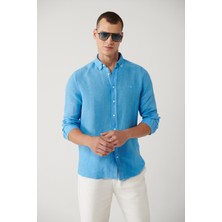 AVVA Erkek Mavi Düğmeli Yaka %100 Keten Comfort Fit Gömlek B002191