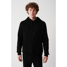 AVVA Erkek Siyah Unisex Sweatshirt Kapüşonlu Yaka Içi Polarlı 3 Iplik Pamuklu Regular Fit E001018