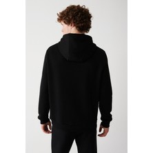 AVVA Erkek Siyah Unisex Sweatshirt Kapüşonlu Yaka Içi Polarlı 3 Iplik Pamuklu Regular Fit E001018