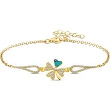 HS Demirci 925 Ayar Gümüş Gold Nazarlı Yonca Bileklik