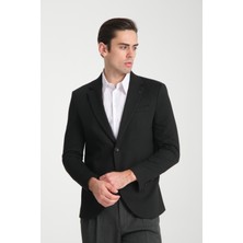 Frappoli Jasino Erkek Siyah Pamuklu Likralı Slim Fit Örme Esneyen Mono Yaka  Blazer Ceket