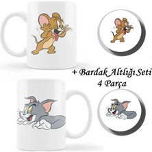 Hediyelik Özel Tasarım 2'li Kupa Tom ve Jerry Kupa ve Bardak Altlığı Seti Çift Kupası Sevgili Kupası