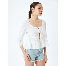 Koton Bağcıklı U Yaka Crop Volanlı Bluz