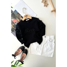 Miniğimin Cicileri Kol Tül Detaylı Taşlı Kız Çocuk Kot Etekli 2 li takım - Siyahbeyaz