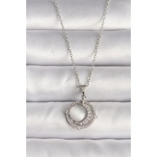 Clariss 316L Çelik Gümüş Renk Zirkon Taşlı Beyaz Sedefli Hilal Model Kadın Kolye