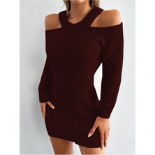 AQE FASHION Kadın Omuzu Açık Uzun Kollu Midi Boy Tam Kalıp Bordo Triko Elbise