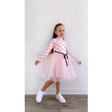 Şirin Şeyler Butiği Linda Kız Bebek Çocuk Elbise Puantiyeli Esnek Likralı Pembe