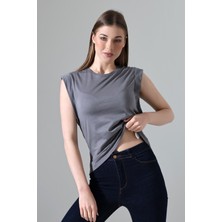 Endies Pamuk Bisiklet Yaka Kolsuz Geniş Kol Işlemeli Kadın T-Shirt 21572 Boyalı Gri