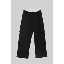 Perendi Beli Lastikli Kız Çocuk Kargo Pantolon Siyah