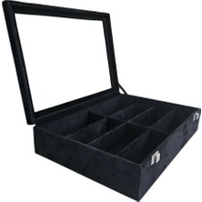 Camlı Kapaklı 8 Bölmeli Gözlük Kutusu,takı Kutusu ve Çantası Siyah Süet