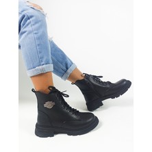 Gdt Ayakkabı Siyah Renk  Cilt Bağcıklı Fermuarlı Kadın Postal Bot