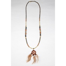 Lila Rosa  Doğal Taşlı Kuş Tüylü Uzun Kolye