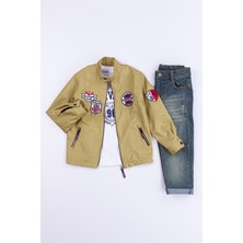 Çıtçıtlı Kol ve Yaka Arma Nakışlı Su Geçirmez 3'lü Erkek Çocuk Ceketli Takım