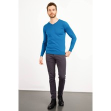 Desen Triko Erkek Basic V Yaka Ince Triko Kazak A.petrol