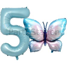 Pembe Mavi Kelebek ve Mavi Rakam Balon 5 Yaş Balon Set Kelebek Konsept Doğum Günü Folyo Balon Set
